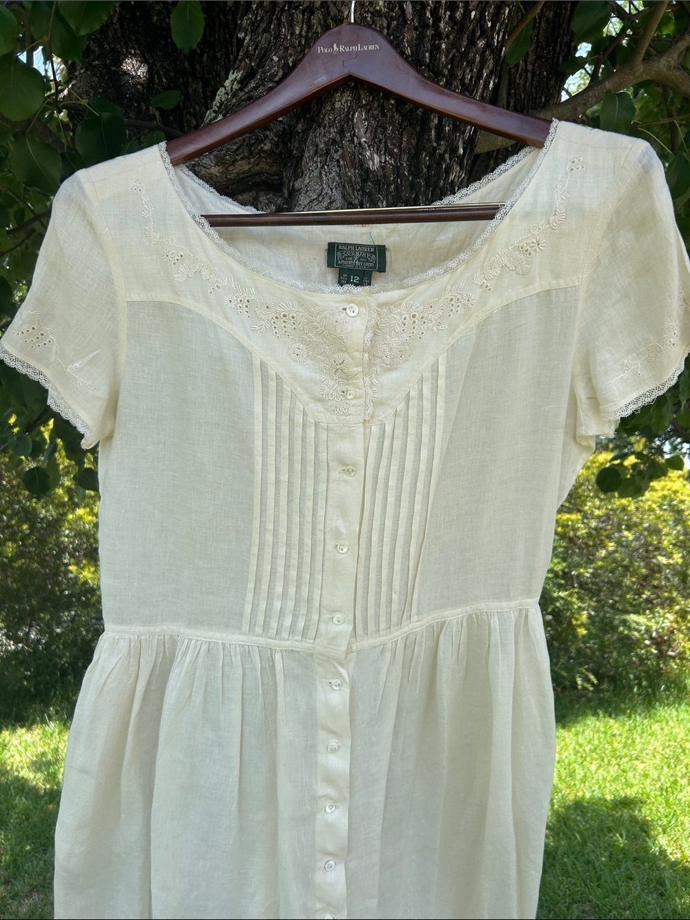 VTG Rare Polo Ralph Lauren Country 100% Linen Eyelet Pintuck Dress Cream size12 - Picture 4 of 13